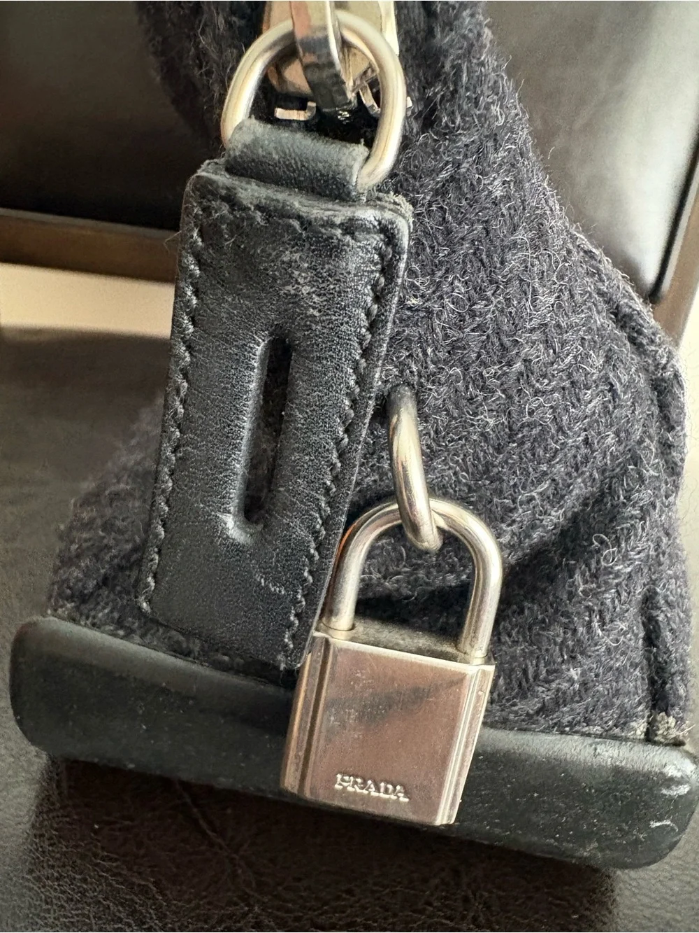 Prada Vintage Classic Women's Black Wool Satchel with Leather Trim, lock and key